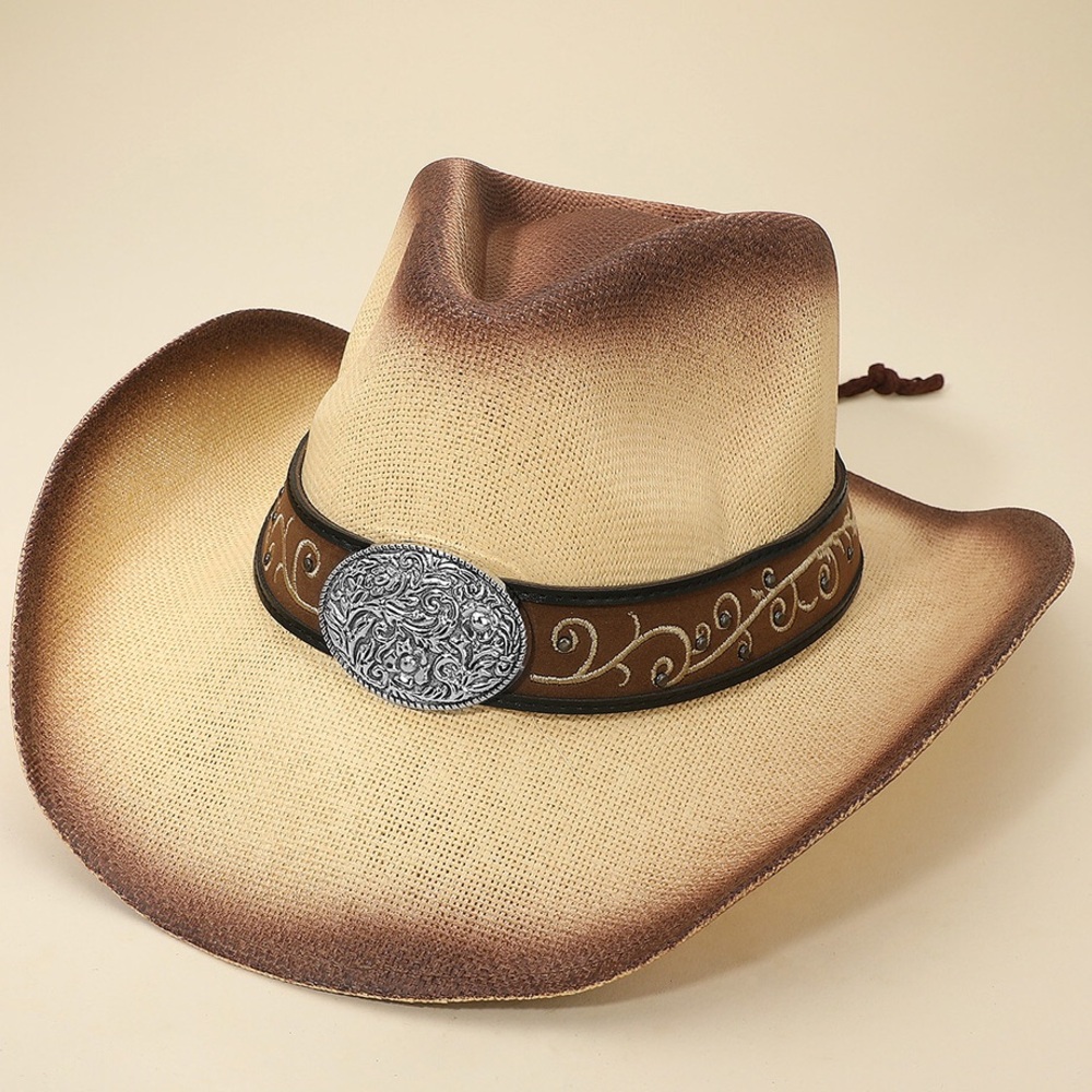 Metal Steer Head Emblem Studded Leather Band Western Straw Cowboy Fedora Hat